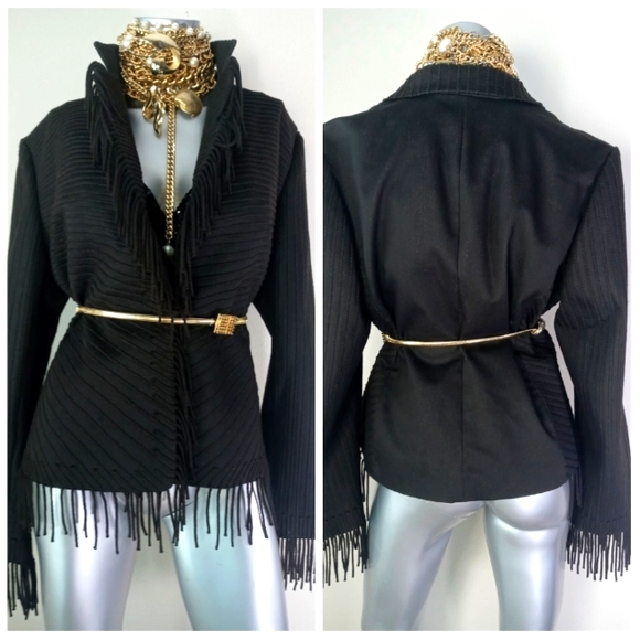 Company Ellen Tracy Open Front Fringe Chocolate Striped Cotton Blend Jacket - Picture 12 of 13